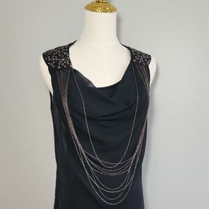 Edc Black Mini Dress Chiffon Lined with Silver Chain Studs Details Size 34